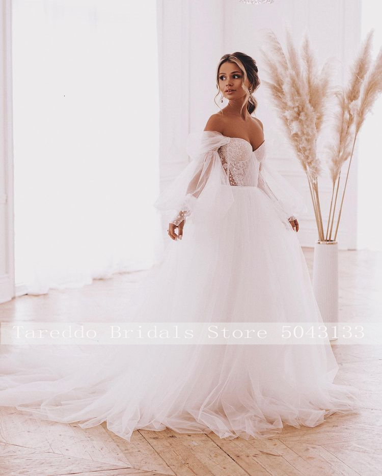 Party Dresses Off the Shoulder Appliques Pleats Bubble Sleeve Detachable Bridal Dress Polka Dot A Line Boho Wedding Dresses vestidos de novia 230217