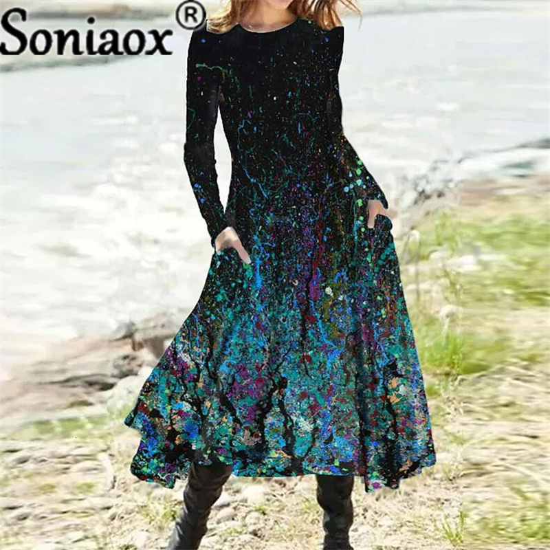 Casual Dresses Vintage Boho Gradient Printed Midi Long Dress Autumn Winter Elegant High Waist Pocket Sleeve A-line Female Street 5 230217