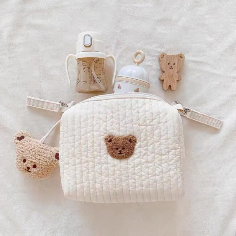 Diaper Bags Cute Bear Embroidery Mommy Single Cotton Mom Organizer Zipper born Baby Diaper Nappy Travel Stroller Storage 230217