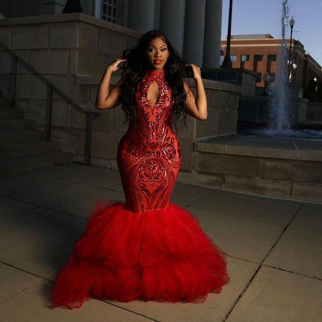 Sexy Red Mermaid Prom Dresses High Neck Keyhole Sequined Lace Tulle Sequins Tiered Ruffles Skirts Evening Gowns Plus Size Formal Party Dress 0218