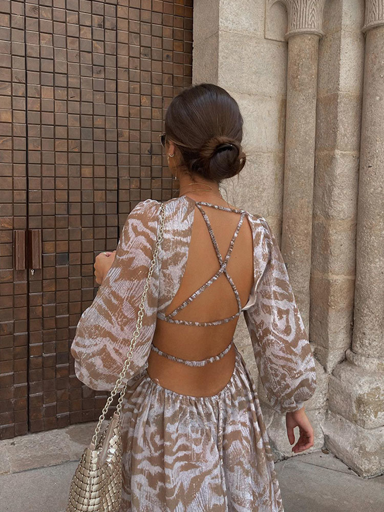 Casual Dresses Elegant Print Backless Women Spring Boho Long Sleeve Floral Hollow Out Loose Beach Vacation Lady 230217