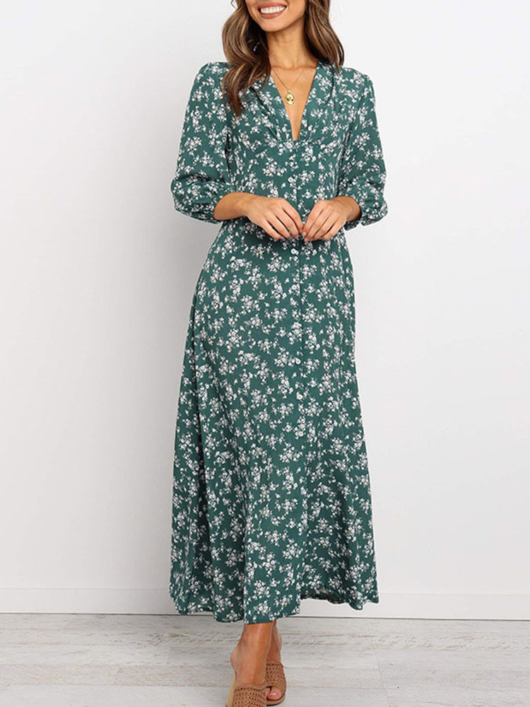 Casual Dresses Women Summer Elegant Floral Print Maxi Boho Three Quarter Sleeve V Neck Office Long Beach Robe Tunic 230217