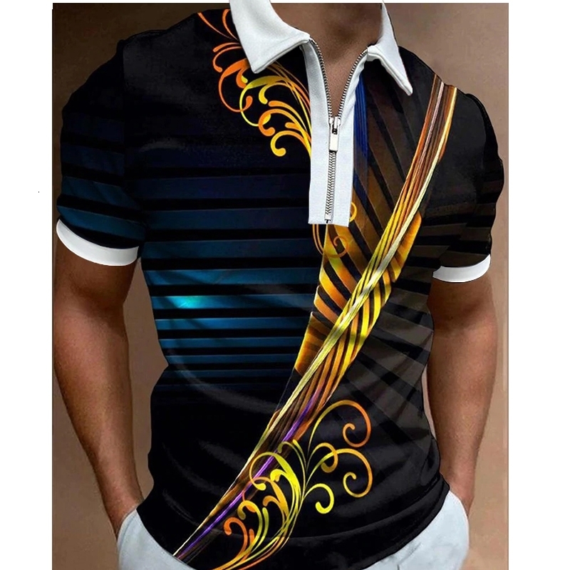 Men's Polos Summer Men's Clothes Polo Shirts Casual Turn-Down Collar Zipper Team Club Stripe Print Short Sleeve Tee Shirt Men Polos Tops 230