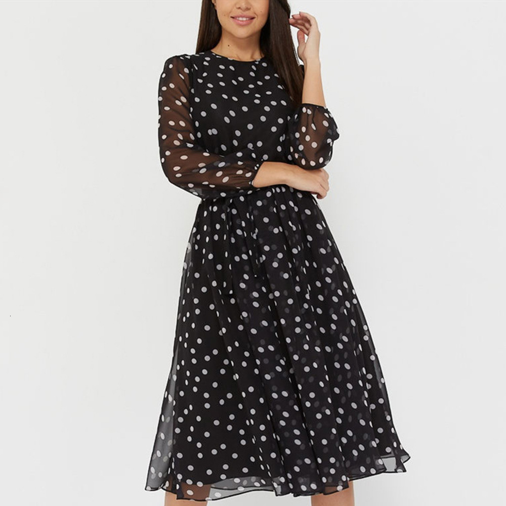 Casual Dresses Shyloli Elegant Dot Print Long Sleeve Women Boho O-neck Chiffon A-line Dress Vintage Party Vestidos 230217