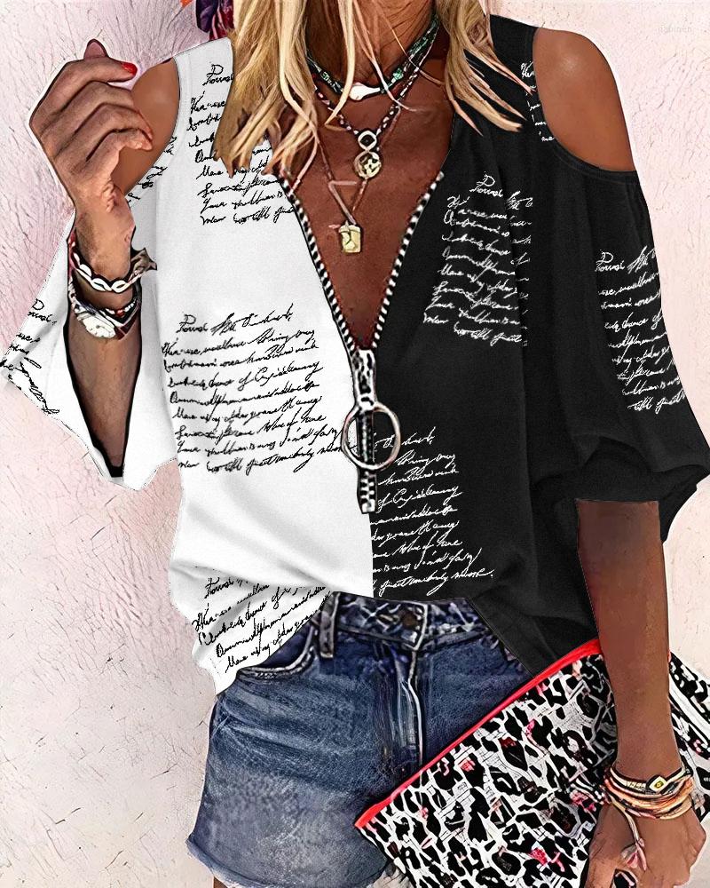 Women' Blouses Summer Elegant Women Letter Print Colorblock Cold Shoulder Top Femme Casual Lantern Sleeve Three Quarters Zipper Blouse Lady, Beige
Women' Blouses Summer Elegant Women Letter Print Colorblock Cold Shoulder Top Femme Casual Lantern Sleeve Three Quarters Zipper Blouse Lady, Beige