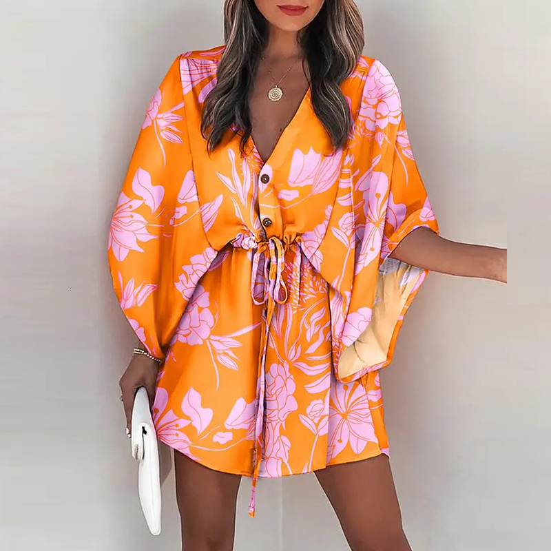 Casual Dresses Boho Beach Vacation Mini Dress Women Summer Print Lace Up Button Batwing Sleeve For Women's Loose Female Robe 230217