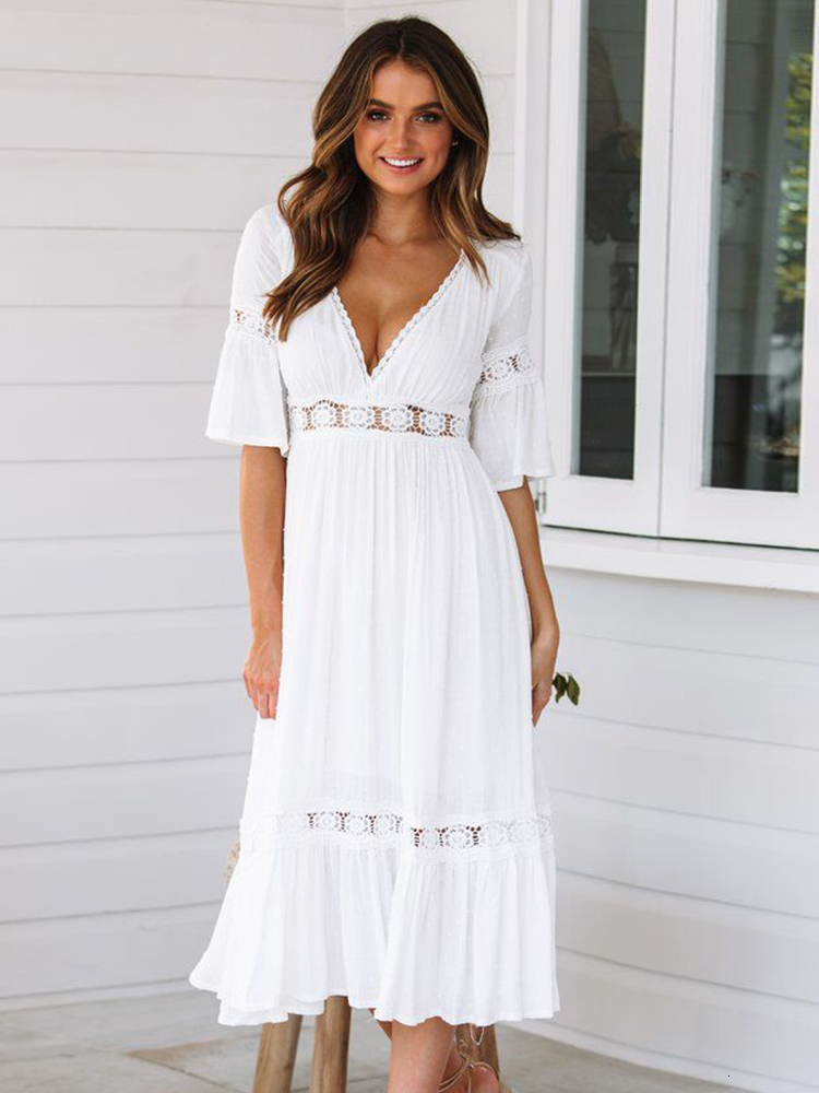 Casual Dresses Summer White Long Women Boho Hollow Out Patchwork Short Sleeve V-neck Loose Fashion Elegant Woman 230217