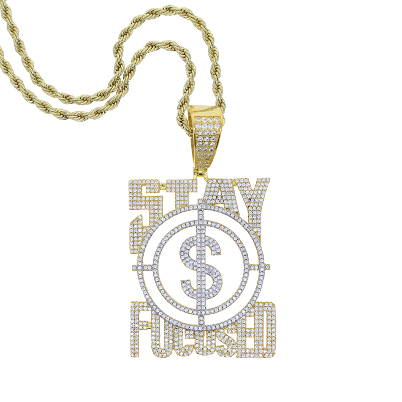 New Big US Dollar Money Sign Pendant Necklace Men Rapper Hip Hop Punk Long Rope Chain Women Statement Letter Stay Focused Necklace Jewelry