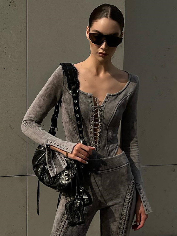 Women's Jumpsuits Rompers Goth Dark Cyber Gothic Techwear Bandage Women Bodysuits Y2k Punk Eyelet Long Sleeve Skinny Tshirts Vintage Patchwork St