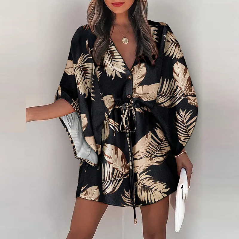 Casual Dresses Boho Beach Vacation Mini Dress Women Summer Print Lace Up Button Batwing Sleeve For Women's Loose Female Robe 230217