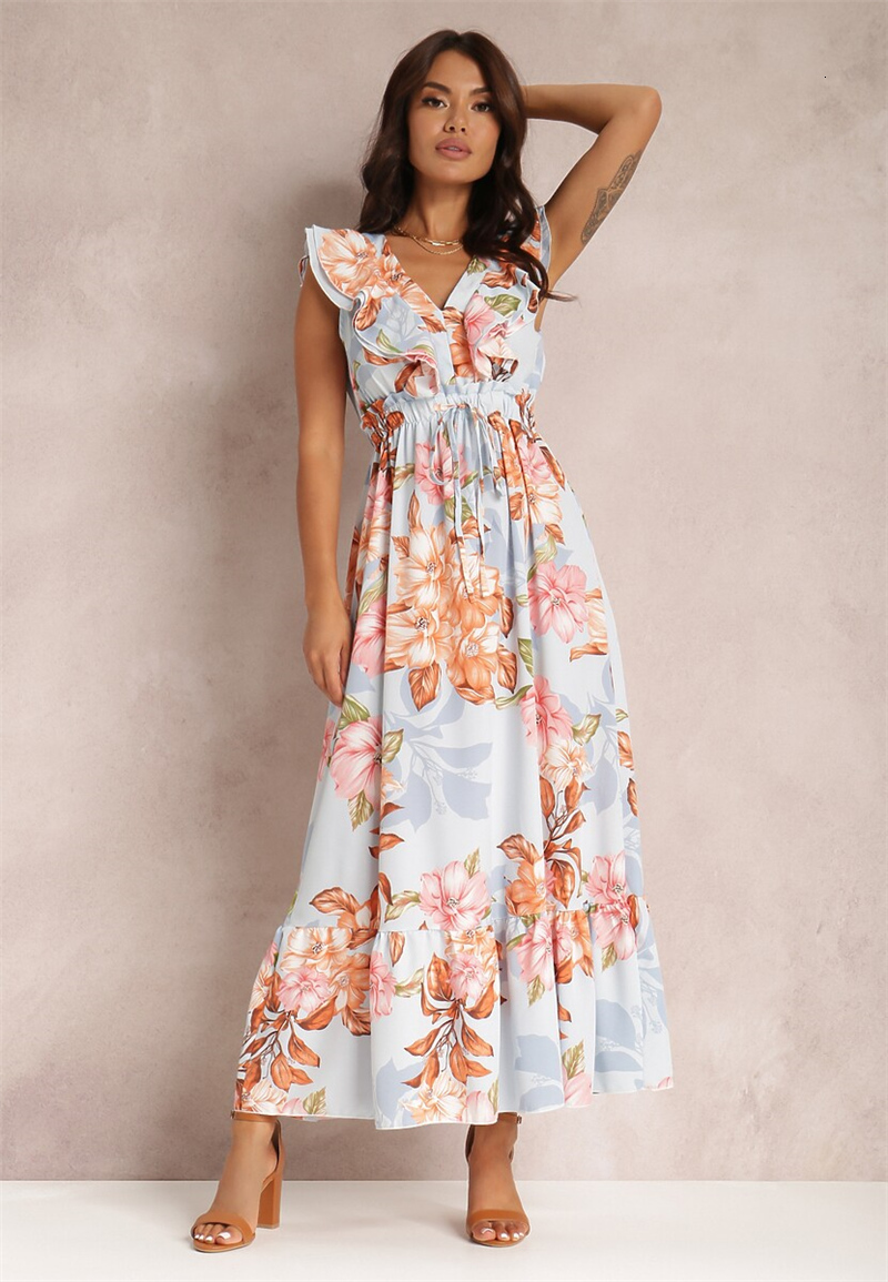 Casual Dresses Red Dot Print Boho Long Chiffon Summer Beach Elegant Midi Women's Dress Floral V-Neck Folds Ruffles Wrap Split Vestidos 230217