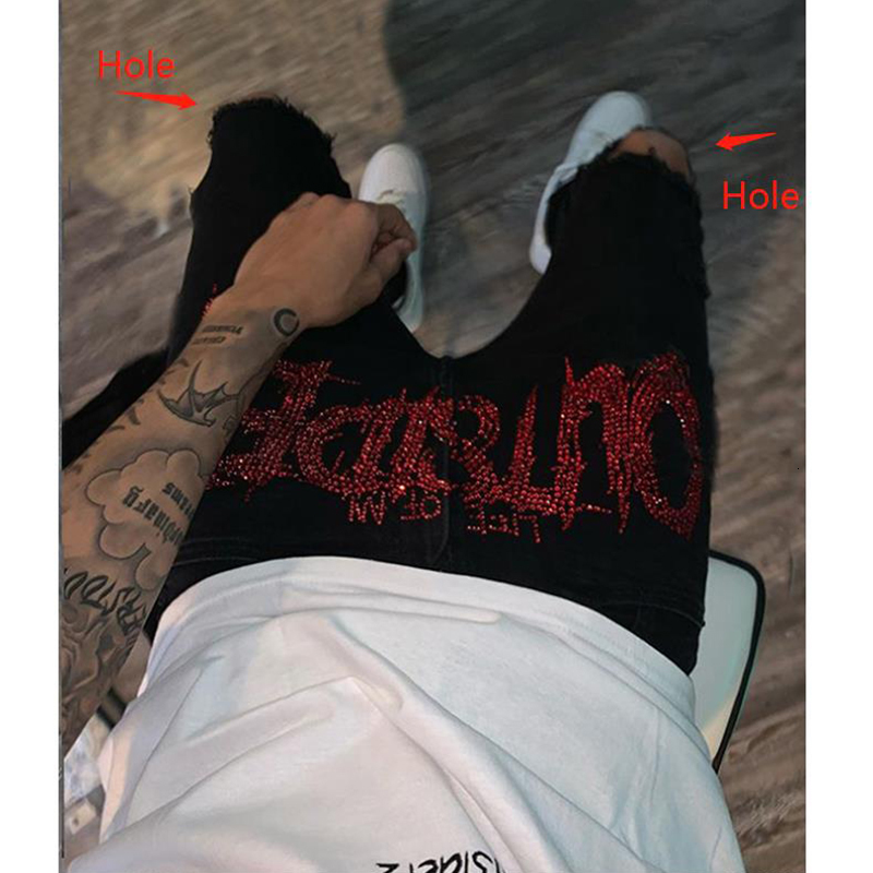 Men's Jeans Black Fashion Cotton Cowboy Trousers Street Drill Skinny Destroyed Stretch Slim Rhinestones Punk Denim Pants 230216