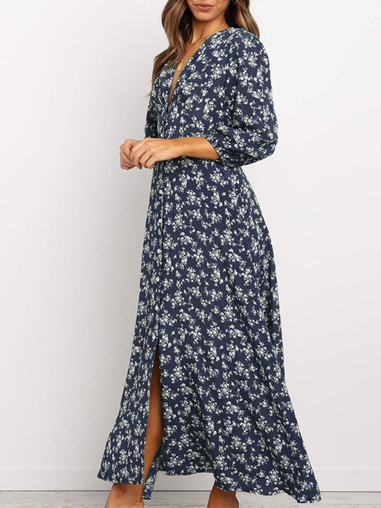 Casual Dresses Women Summer Elegant Floral Print Maxi Boho Three Quarter Sleeve V Neck Office Long Beach Robe Tunic 230217
