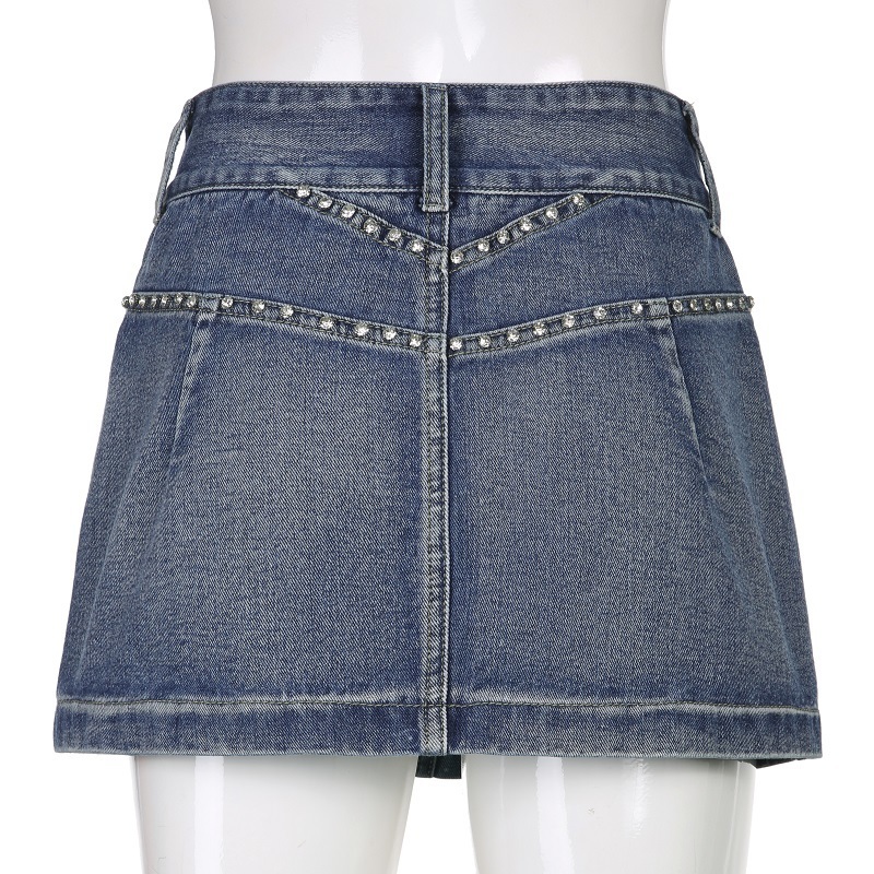 Skirts Vintage Diamonds Denim Mini Skirts Y2K Aesthetic Korean Kawaii Low Rise Skinny Wrap Bodycon Jeans Penceil Skirt Women Streetwear 230217