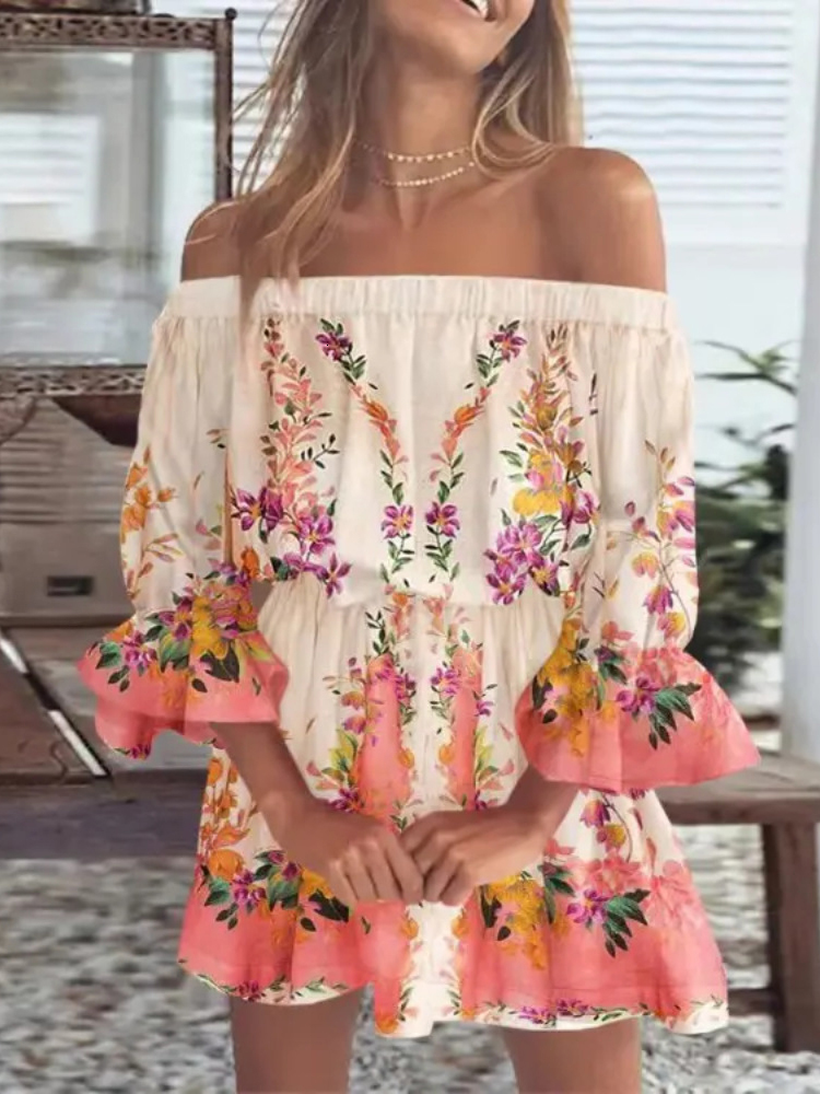 Casual Dresses Sexy Off Shoulder Women Chiffon Floral Beach Fashion Elegant Long Sleeve Party Summer Boho Mini 230217
