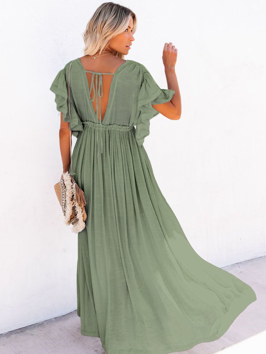 Casual Dresses Summer Beach Maxi Dress Women Boho Long Bikini Cover Up High Waist V-Neck Sexy White Vestidos De Mujer 230217