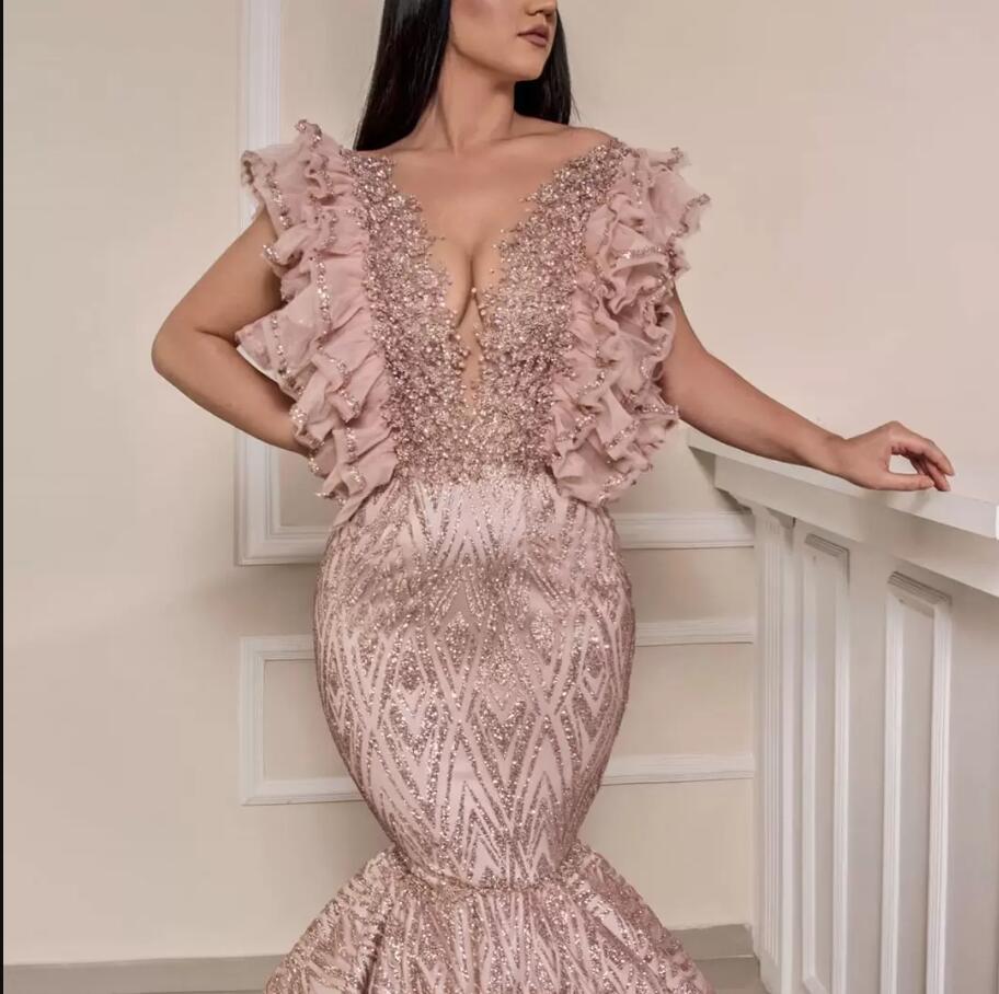 Arabic Aso Ebi Mermaid Evening Occasion Dresses 2023 rose Gold Ruffles V-neck Gillter Sequins Beaded Prom Gown Abendkleid