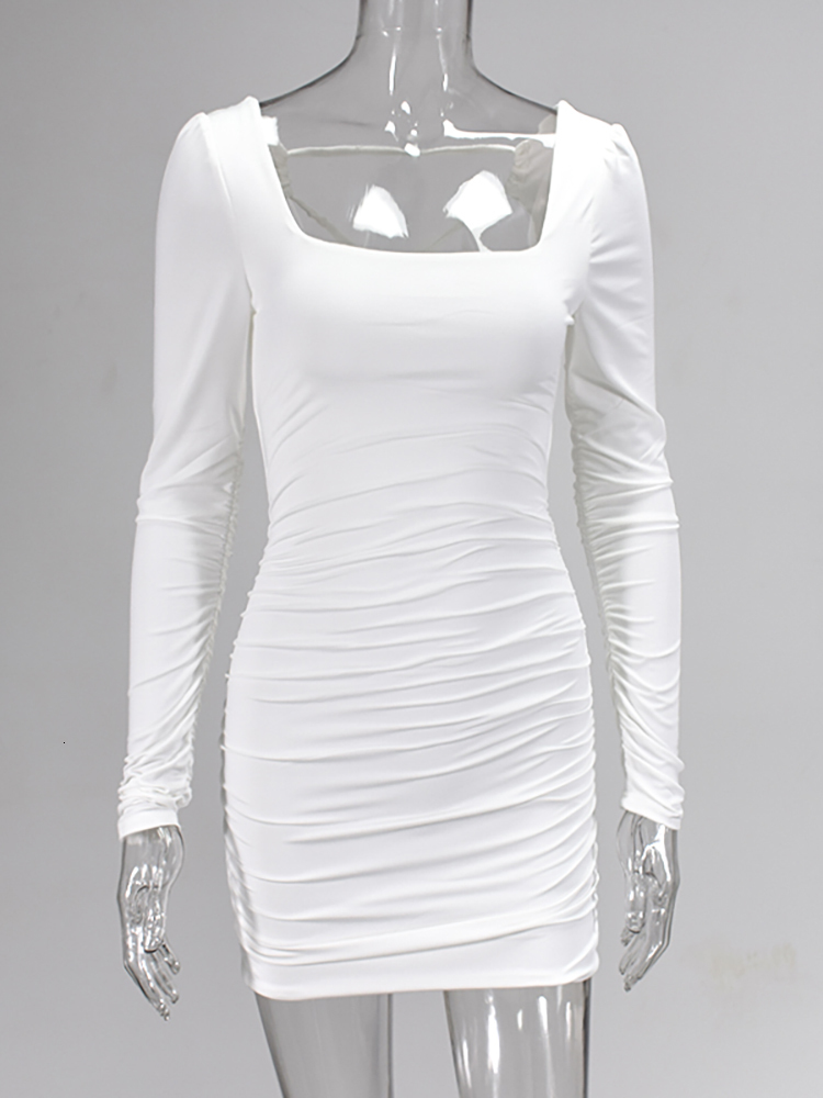 Casual Dresses Asia Double Layers Sexy Women Long Sleeve Club Backless Lace Up Ruched White Mini Bodycon Vestidos 230216