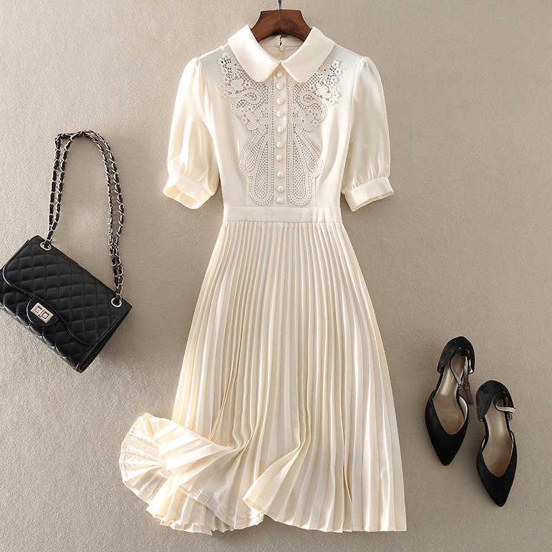 Casual Dresses Vintage Embroidered Pleated Dress Women Summer Chic Sweet Short Sleeve Midi Party Dress Elegant Slim Waist ALine Dresses Z0216