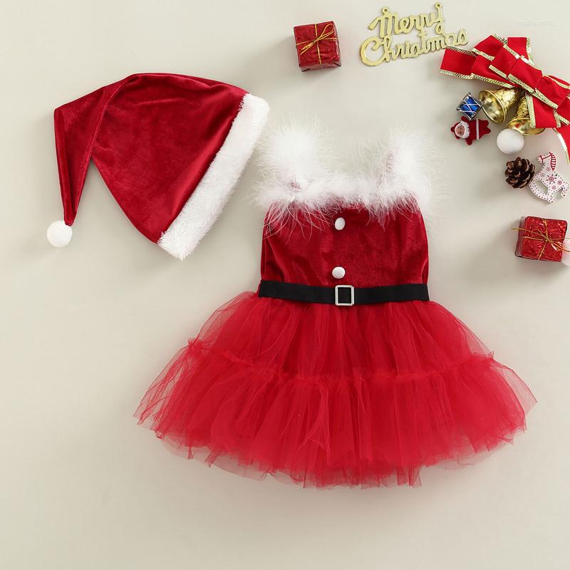 Girl Dresses FOCUSNORM 2pcs Baby Girls Christmas Dress Outfit Sets 0-24M Fur Sleeveless Tulle Lace Patchwork Sling Xmas Hat, Picture shown