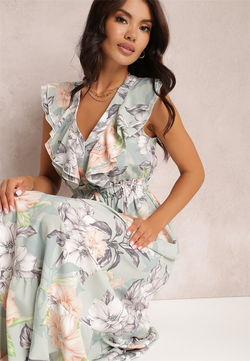 Casual Dresses Red Dot Print Boho Long Chiffon Summer Beach Elegant Midi Women's Dress Floral V-Neck Folds Ruffles Wrap Split Vestidos 230217