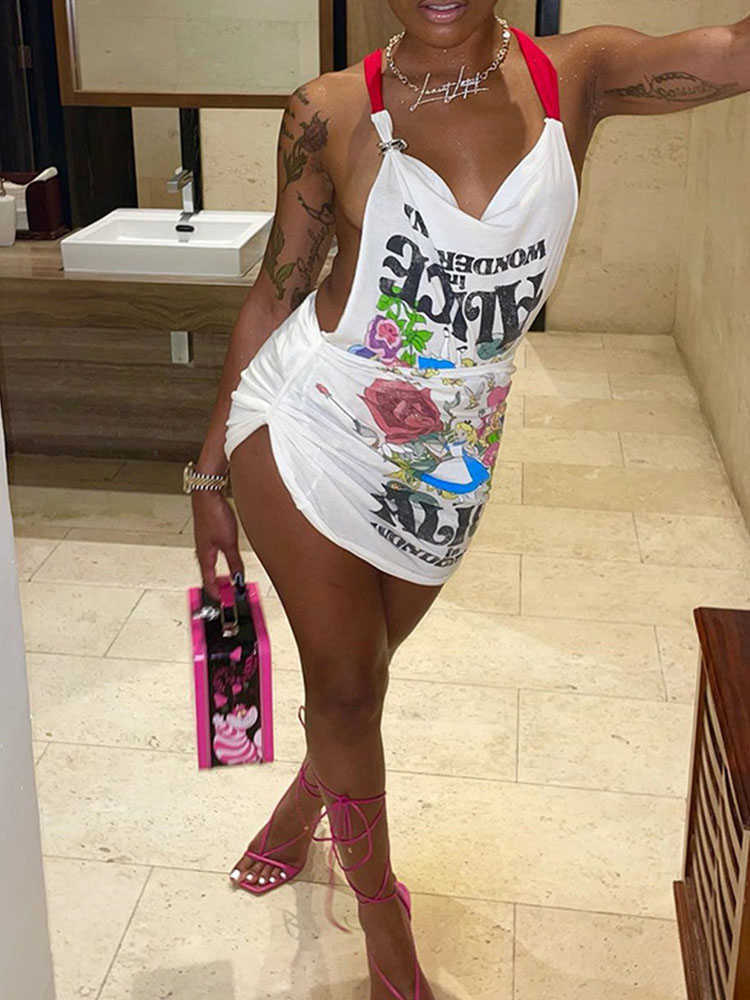 Casual Dresses Simenual Cartoon Print Dresses for Women 2022 Summer Chain Halterneck Ruched Elegant Sundress Going Out Streetwear Jurk Female Z0216