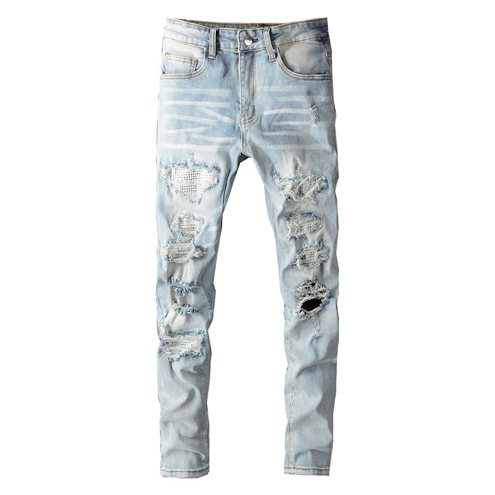 Men's Jeans Men Crystal Holes Ripped Patchwork Streetwear Light Blue Denim Slim Skinny Pencil Pants Trousers 230216
Men's Jeans Men Crystal Holes Ripped Patchwork Streetwear Light Blue Denim Slim Skinny Pencil Pants Trousers 230216