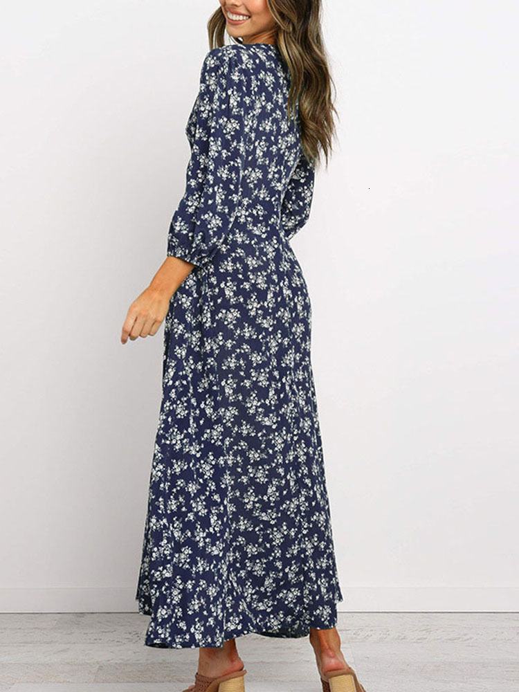 Casual Dresses Women Summer Elegant Floral Print Maxi Boho Three Quarter Sleeve V Neck Office Long Beach Robe Tunic 230217
