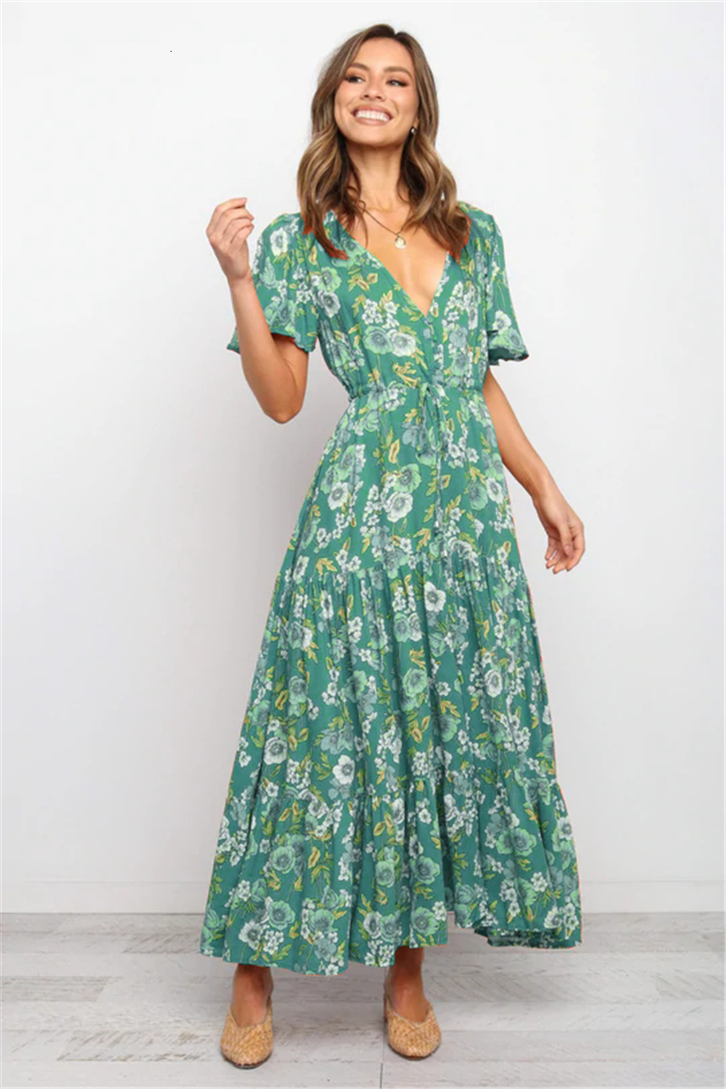 Casual Dresses Red Dot Print Boho Long Chiffon Summer Beach Elegant Midi Women's Dress Floral V-Neck Folds Ruffles Wrap Split Vestidos 230217