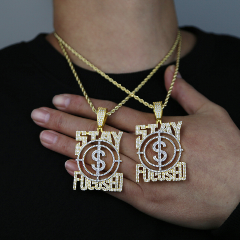 New Big US Dollar Money Sign Pendant Necklace Men Rapper Hip Hop Punk Long Rope Chain Women Statement Letter Stay Focused Necklace Jewelry