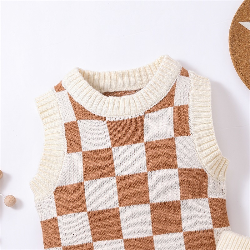 Clothing Sets born Baby Boys Girls Two Pieces Clothes Outfits O-neck Sleeveless Checkerboard Printed Knitted Swater Vest Tie-Up Shorts 230217