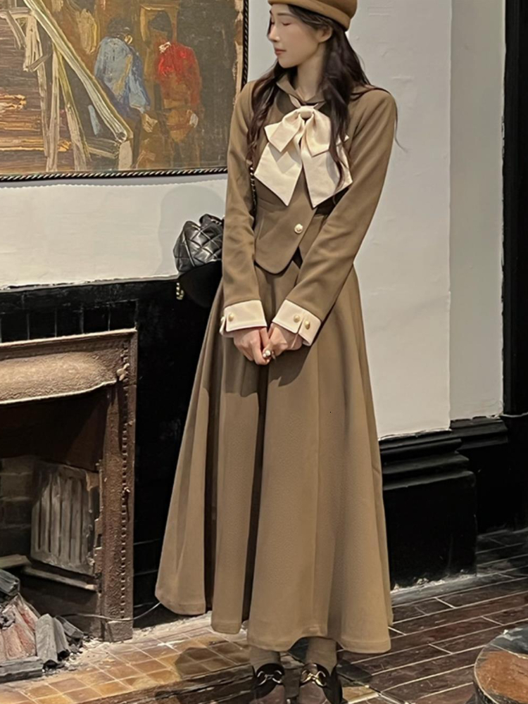 Two Piece Dress Autumn Vintage Set Women Japanese Elegant Bow Midi Skirt Female Casual Korean Fashion Long Party Suit 230216
