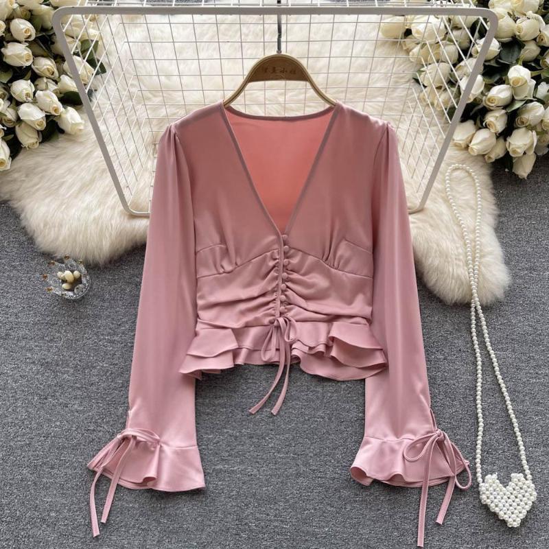Women's Blouses Korean Fashion High Waist Blouse Woman Drawstring Lace-up Pleated Female Deep V Neck Long Flare Sleeve Ruffles Top Women, Pink
Women's Blouses Korean Fashion High Waist Blouse Woman Drawstring Lace-up Pleated Female Deep V Neck Long Flare Sleeve Ruffles Top Women, Pink