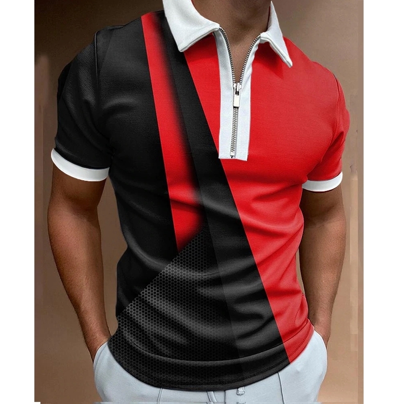 Men's Polos Summer Men's Clothes Polo Shirts Casual Turn-Down Collar Zipper Team Club Stripe Print Short Sleeve Tee Shirt Men Polos Tops 230