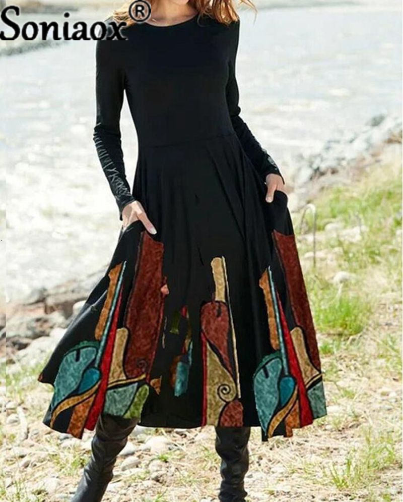 Casual Dresses Vintage Boho Gradient Printed Midi Long Dress Autumn Winter Elegant High Waist Pocket Sleeve A-line Female Street 5 230217