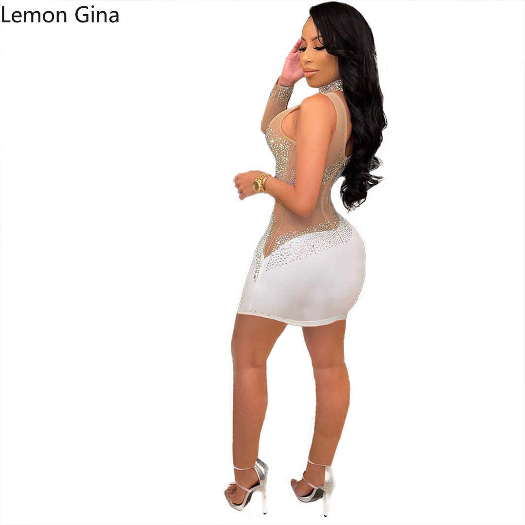 Casual Dresses Lemon Gina Spring Winter Women Diamonds Hot Rhinestones Mesh See Though Patchwork One Long Sleeve Bodycon Open Back Mini Dress Z0216