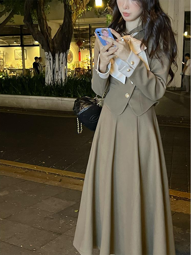 Two Piece Dress Autumn Vintage Set Women Japanese Elegant Bow Midi Skirt Female Casual Korean Fashion Long Party Suit 230216