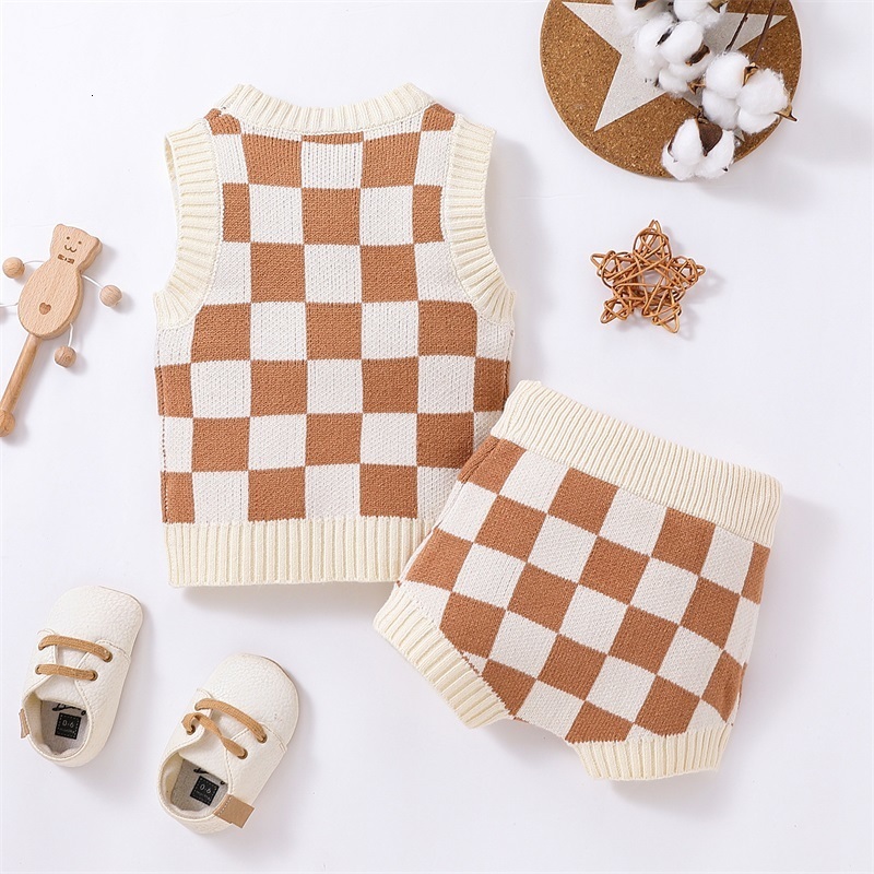 Clothing Sets born Baby Boys Girls Two Pieces Clothes Outfits O-neck Sleeveless Checkerboard Printed Knitted Swater Vest Tie-Up Shorts 230217