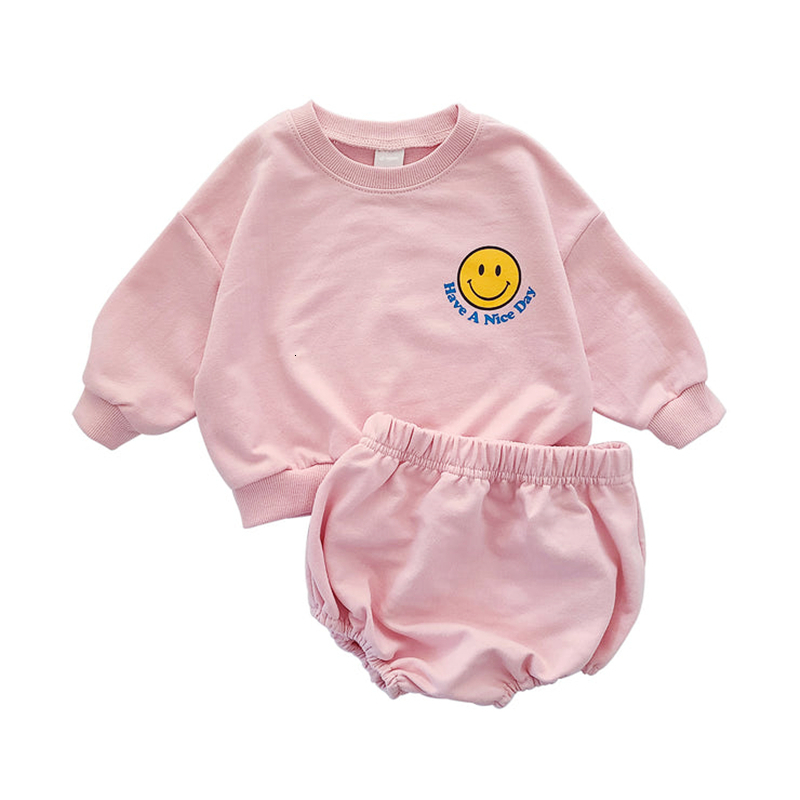 

Pajamas Baby Girls Clothes Sets Cotton Smiley Face Print Tops SweatershirtPP Short Pants Toddler Kids Boy Sports Set 2pcs Suit Outfits 230217, Pink