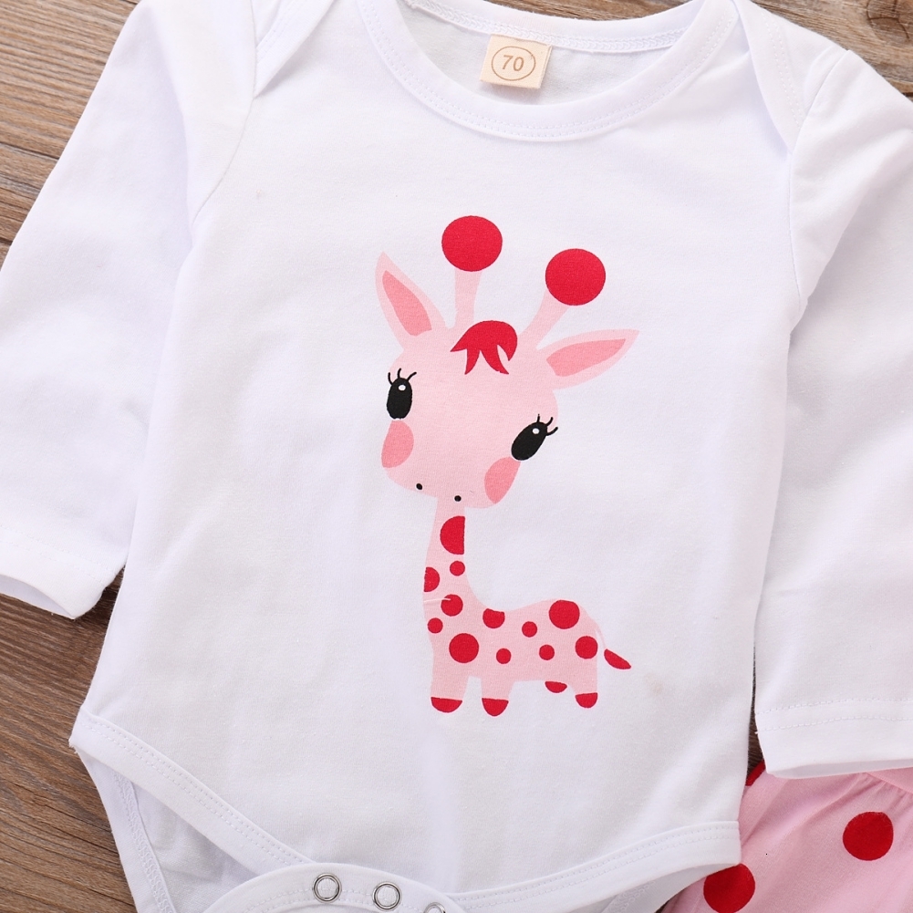 Clothing Sets Baywell Autumn Casual Baby Girl Suits Giraffe Bodysuit Polka Dots Pants Cap 3 pcs Spring Kids Clothing Set 0-18 Months 230217