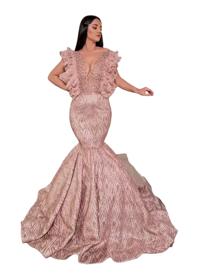 Arabic Aso Ebi Mermaid Evening Occasion Dresses 2023 rose Gold Ruffles V-neck Gillter Sequins Beaded Prom Gown Abendkleid