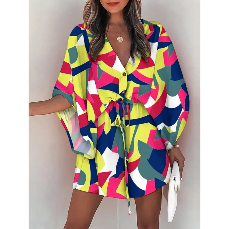 Casual Dresses Boho Women Summer Sexy V Neck Print Batwing Sleeve Lace-up Loose Female Irregular Mini Vestido 230217