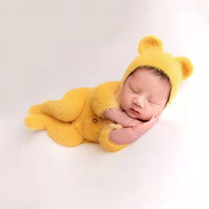 Clothing Sets Furry Baby Bear Rompers Footed Jumpsuit Hat 2pcs Sets Mink Hair Infant Boy Girl Pography Clothing Costumes Po Props 230217