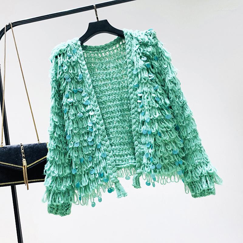 

Women's Knits 3D Hook Flowers Tassels Circles Sequins Knitted Cardigan Crochet Beading Sweater Fringed Hollow Coat Tops Sueter Mujer 2023, Green