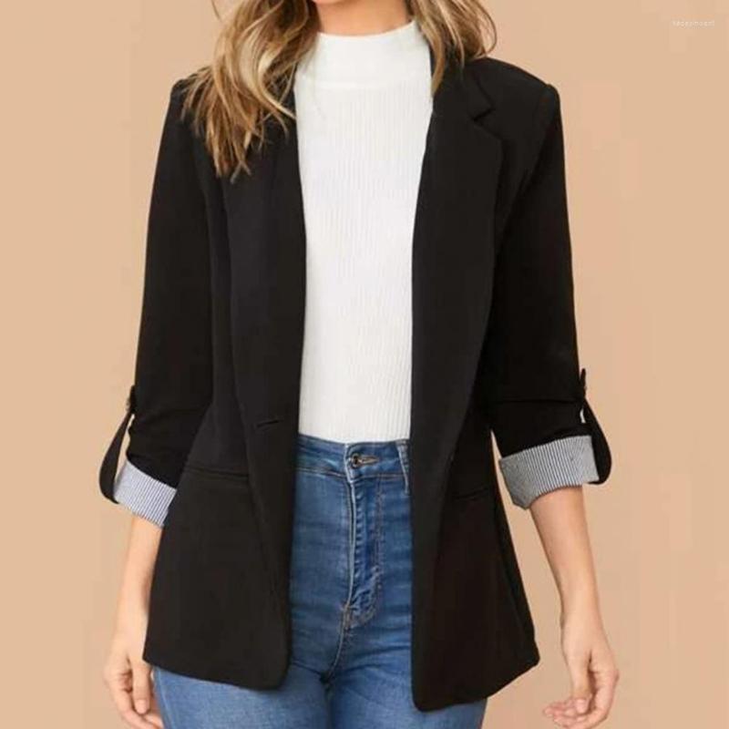 

Women's Suits Autumn Women Blazer Lapel Pockets Roll-up Sleeve Striped Patchwork Cuffs Single Button Solid Color Temperament Lady Suit Coat, Black