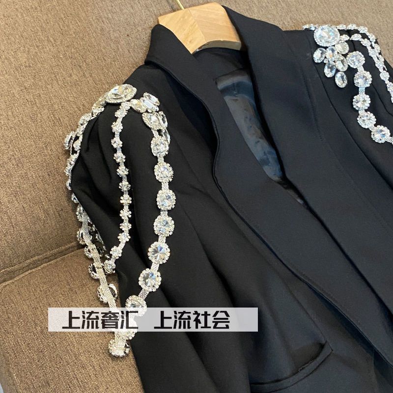 Two Piece Dress Diamond Chain Irregular Jacket OL Turn Down Collar Blazer Coat Crystal Tops Beads Package Skirt Woman Suit 2pcs Set 230216