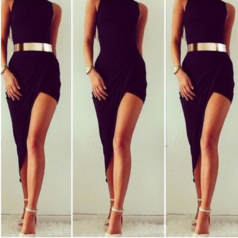 Casual Dresses Sexy Oblique Pendulum Summer Women O-Neck Solid Sleeveless Slim Female Asymmetrical Mini Party 230217