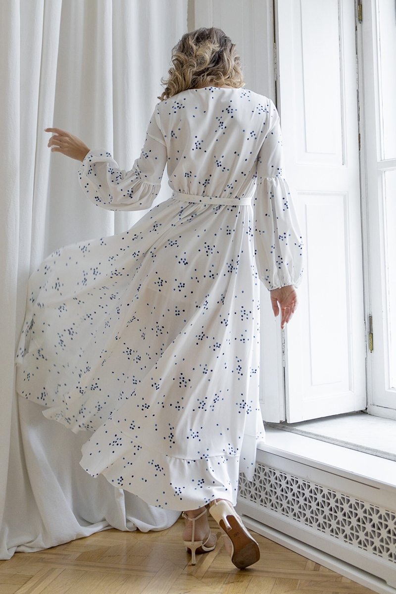 Casual Dresses Elegant Vintage Summer Bandage White Chiffon Blue Polka Dot Long Sleeve Sexy Slit Boho Beach Maxi For Women 230217