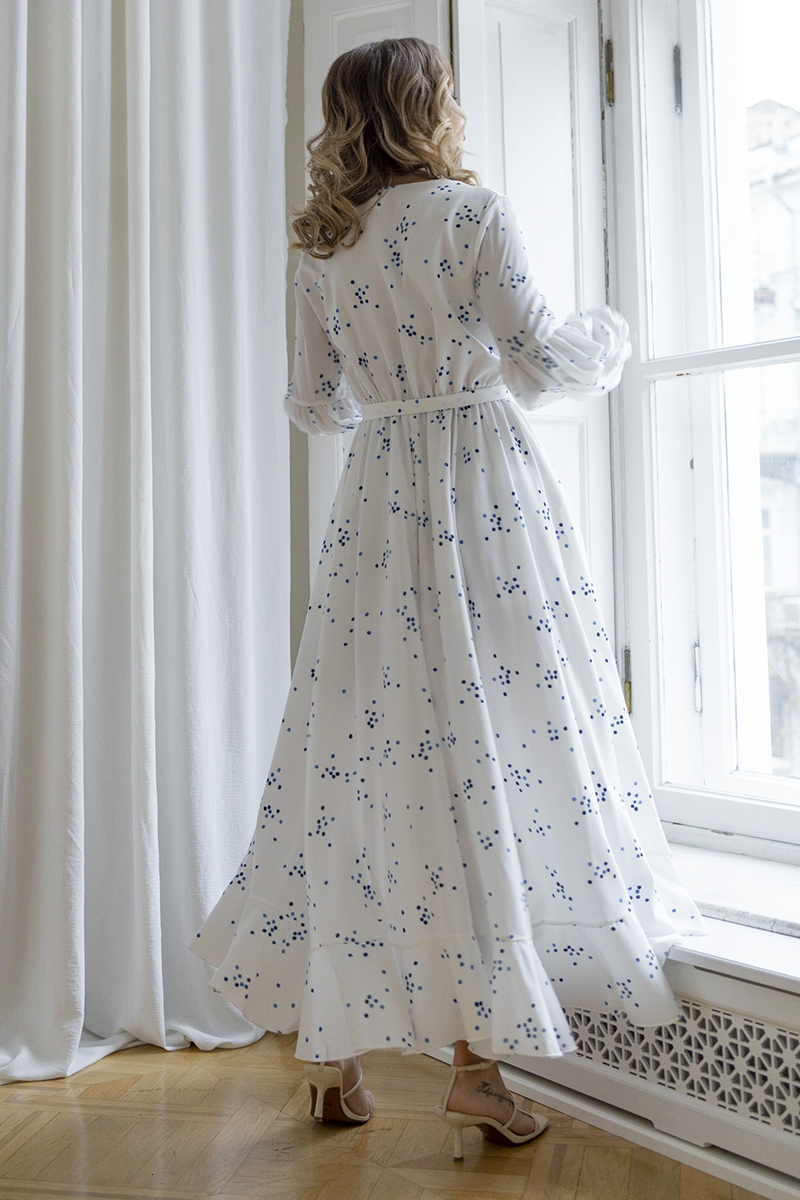 Casual Dresses Elegant Vintage Summer Bandage White Chiffon Blue Polka Dot Long Sleeve Sexy Slit Boho Beach Maxi For Women 230217
