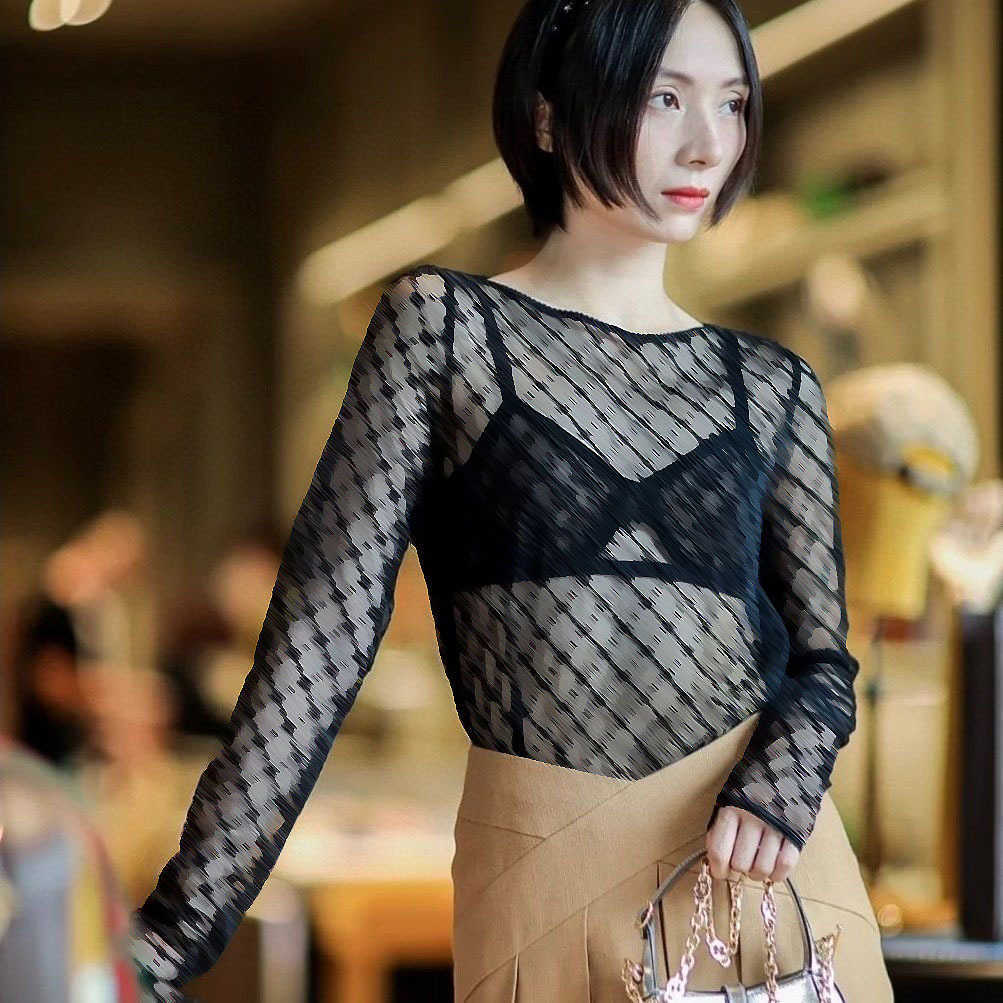 23ss Women' Brand letter-printed Hollow out long-sleeved lace bottom shirtmesh half-high collar embroidery long-sleeved T-shirt top, Black
23ss Women' Brand letter-printed Hollow out long-sleeved lace bottom shirtmesh half-high collar embroidery long-sleeved T-shirt top, Black